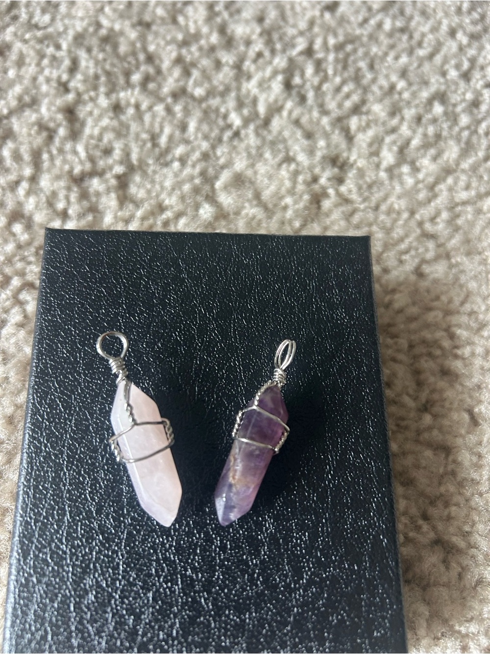 Sterling Wire-Wrapped Rose Quartz and Amethyst Crystal Pendant Set